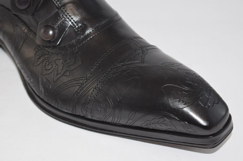 Thumbnail: view of the floral etched leather design on black leather