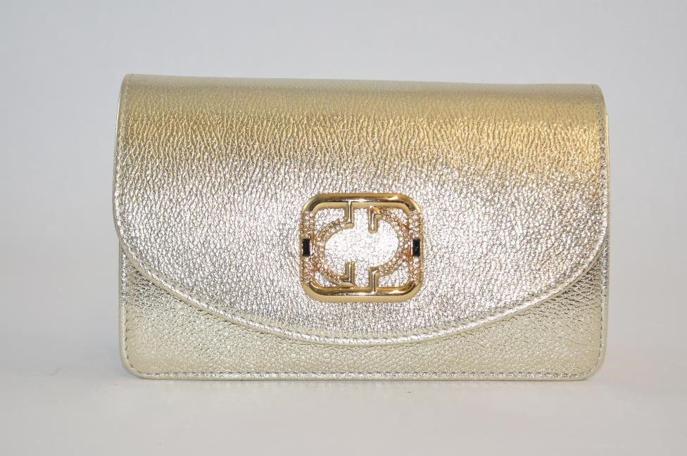 Thumbnail: Gold Leather clutch with gold emblem 