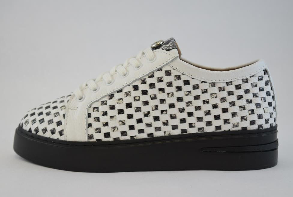 Thumbnail: White Leather Sneaker with inter woven Snake Patent Leather embossed Design and adjustable laces