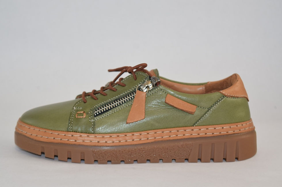 Thumbnail: Green Leather Sneaker with laces and side zipper and brown rubber sole