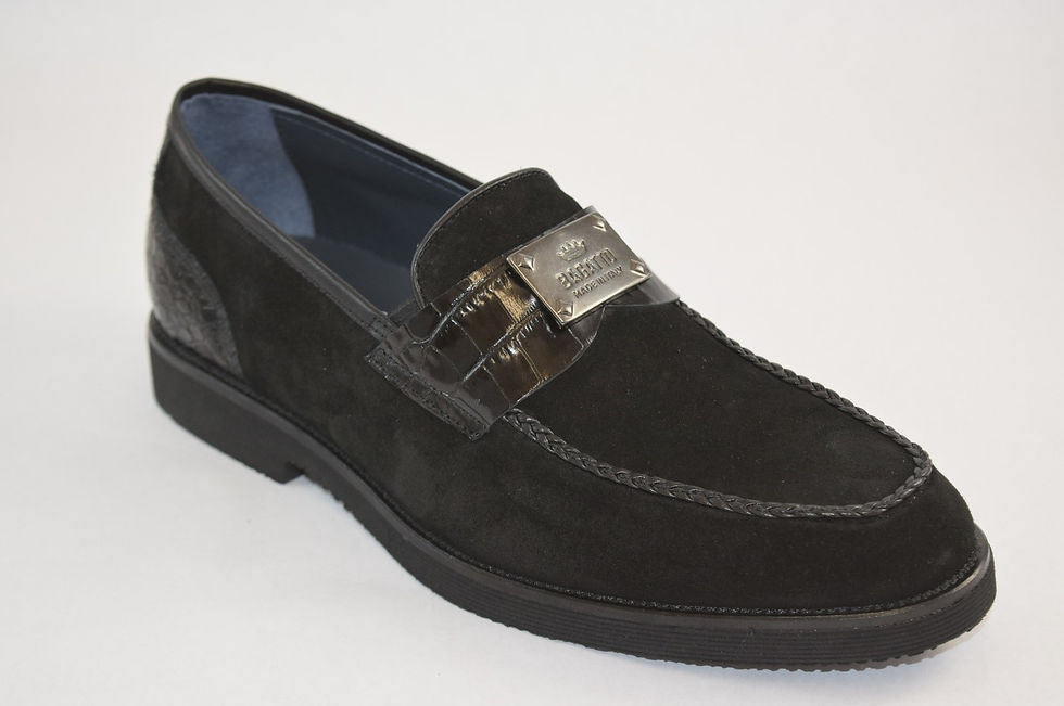 Thumbnail: Black Suede leather Loafer with  front metallic buckle and rubber sole