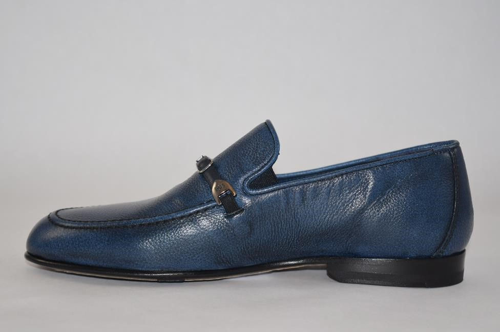 Thumbnail: Blue Leather dress loafer with front buckle design 