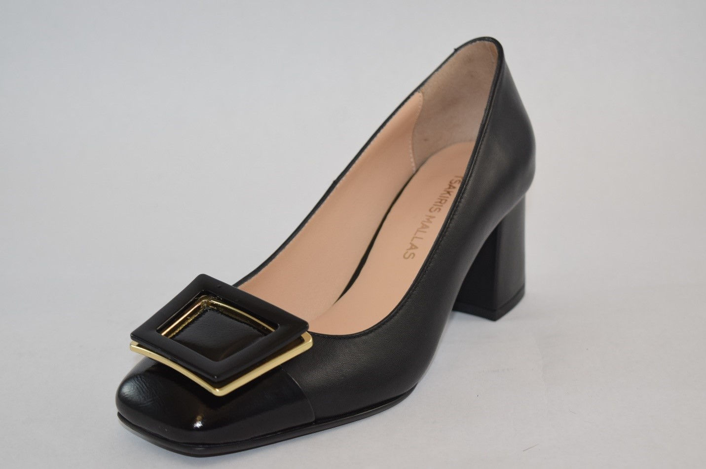 Black Leather Block heel pump with front buckle design