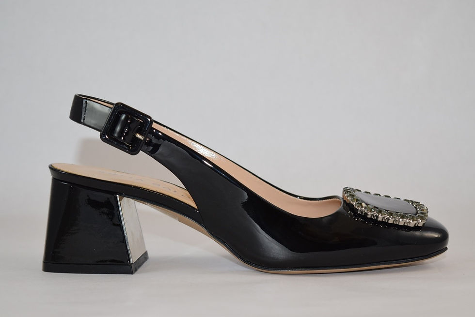 Thumbnail: Black patent leather block heel pump with square toe , rhinestone front buckle and adjustable back strap