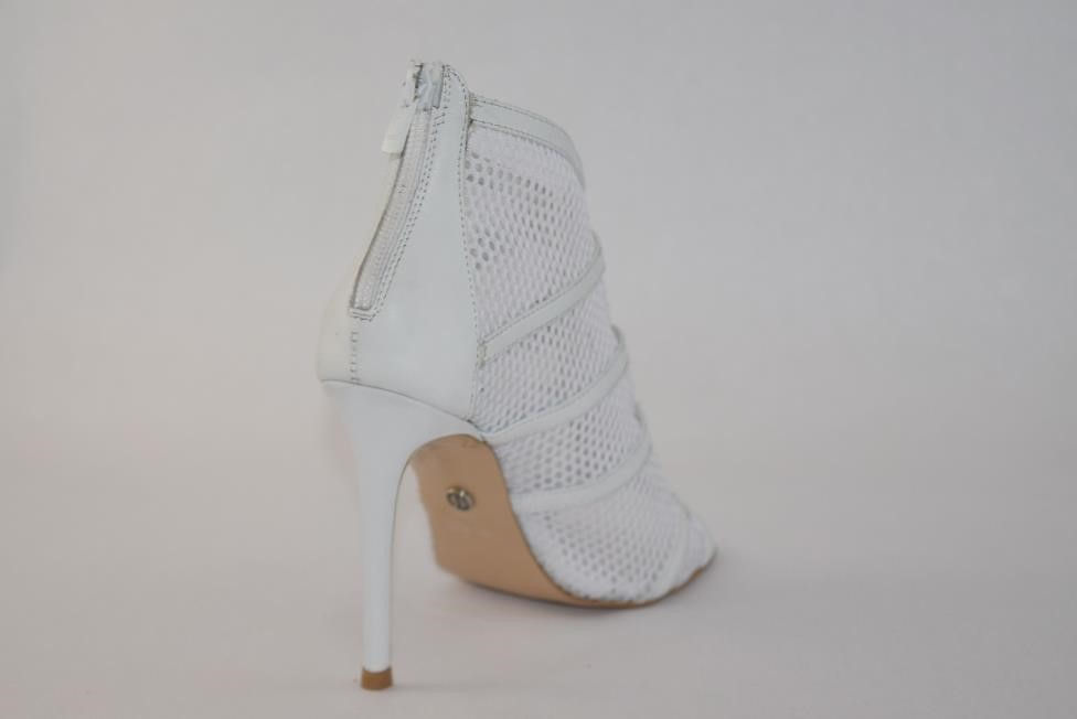 Thumbnail: White Lace Stiletto peep toe bootie with leather strap Design and back Zipper