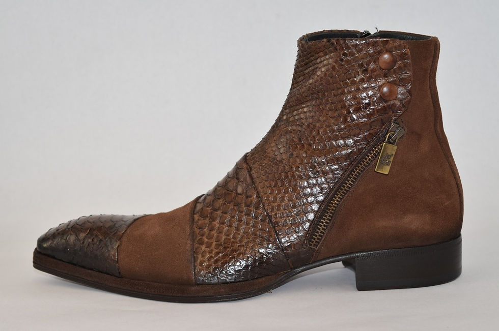 Thumbnail: Brown Python leather and Suede Leather ankle boot with ankle button clasps and outer side zipper design