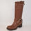 Thumbnail: Brown leather calf high boot with square  toe and side buckle design