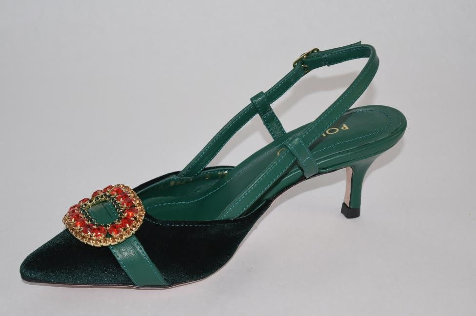 Green velvet kitten heel and green leather adjustable slingback pump;with red rhinestone front buckle