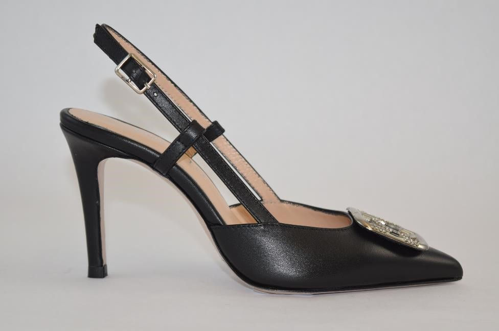 Thumbnail: Black Leather Stiletto adjustable slingback Pump; with front emblem design 