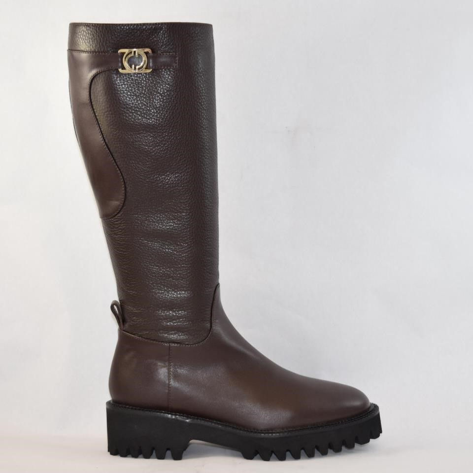 Thumbnail: Brown Leather Tall Boot with Platform Rubber Sole