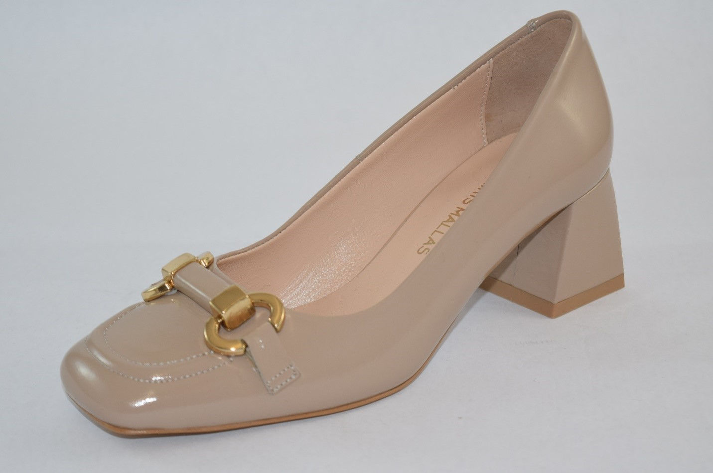 Beige patent Leather Block heel pump with front buckle design