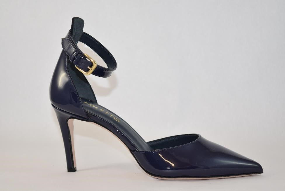 Blue Patent Leather Stiletto Pump with a ankle strap