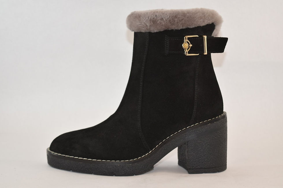 Thumbnail: Black suede Fur Ankle Boot with Small Block Heel 