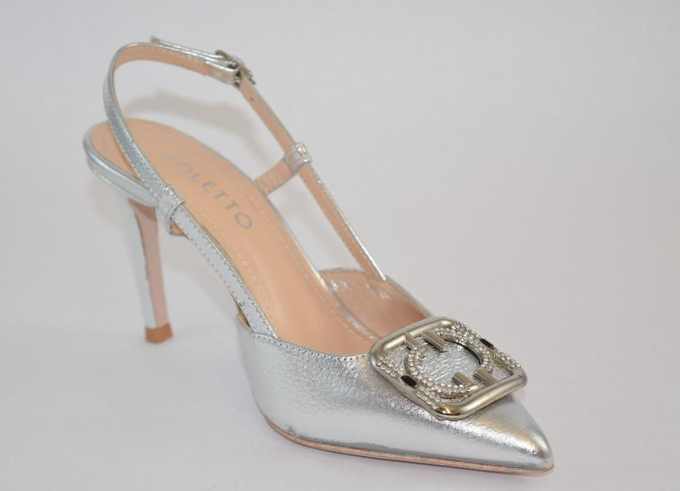 Thumbnail: Silver Leather Stiletto adjustable slingback Pump; with front emblem design 