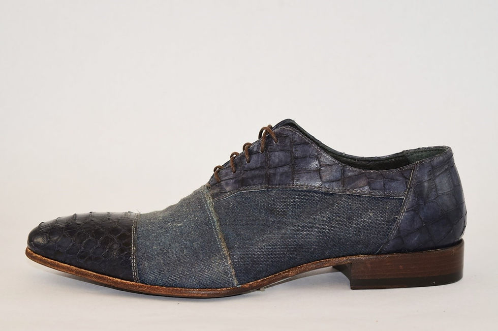 Thumbnail: Blue embossed leather and blue denim upper with blue python leather toe piece design, and adjustable laces