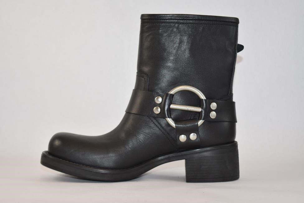 Black Leather Ankle Boot with square toe and side buckle design
