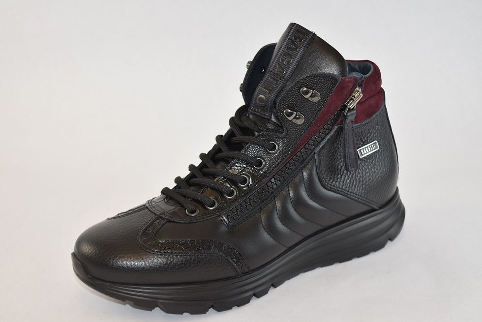 Black Leather Sneakers with laces and Burgundy suede, rubber sole and side zipper