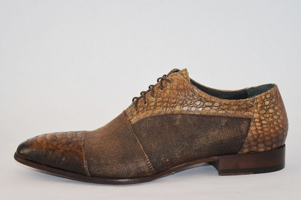 Thumbnail: Brown embossed leather and brown denim upper with brown python leather toe piece design, and adjustable laces