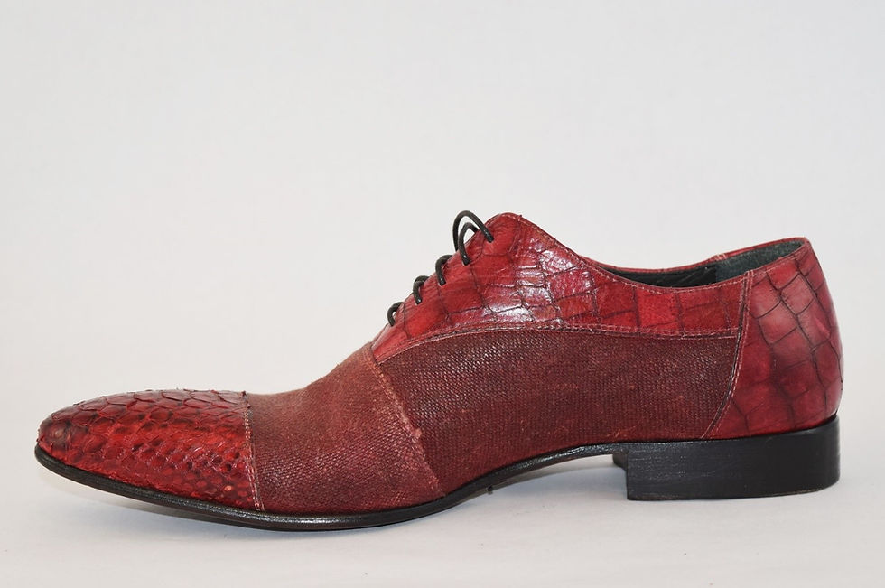 Thumbnail: Red embossed leather and red denim upper with red python leather toe piece design, and adjustable laces