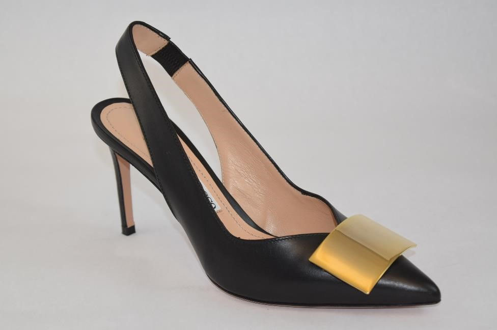 Black Leather Slingback Stiletto Pump with a gold metallic front buckle