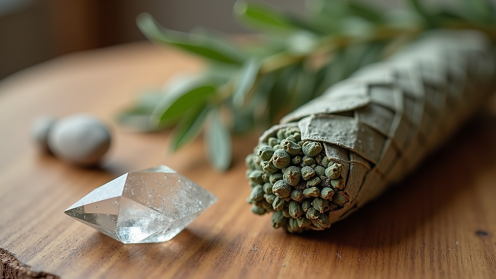 Close-up view of a crystal and sage bundle on a wooden table