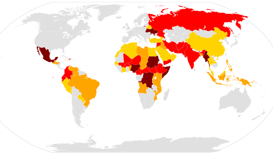 La cartina riporta i Paesi del mondo in cui è attualmente in corso un conflitto: più il colore è scuro, più è alto il numero di morti causato dalla guerra fino ad ora.