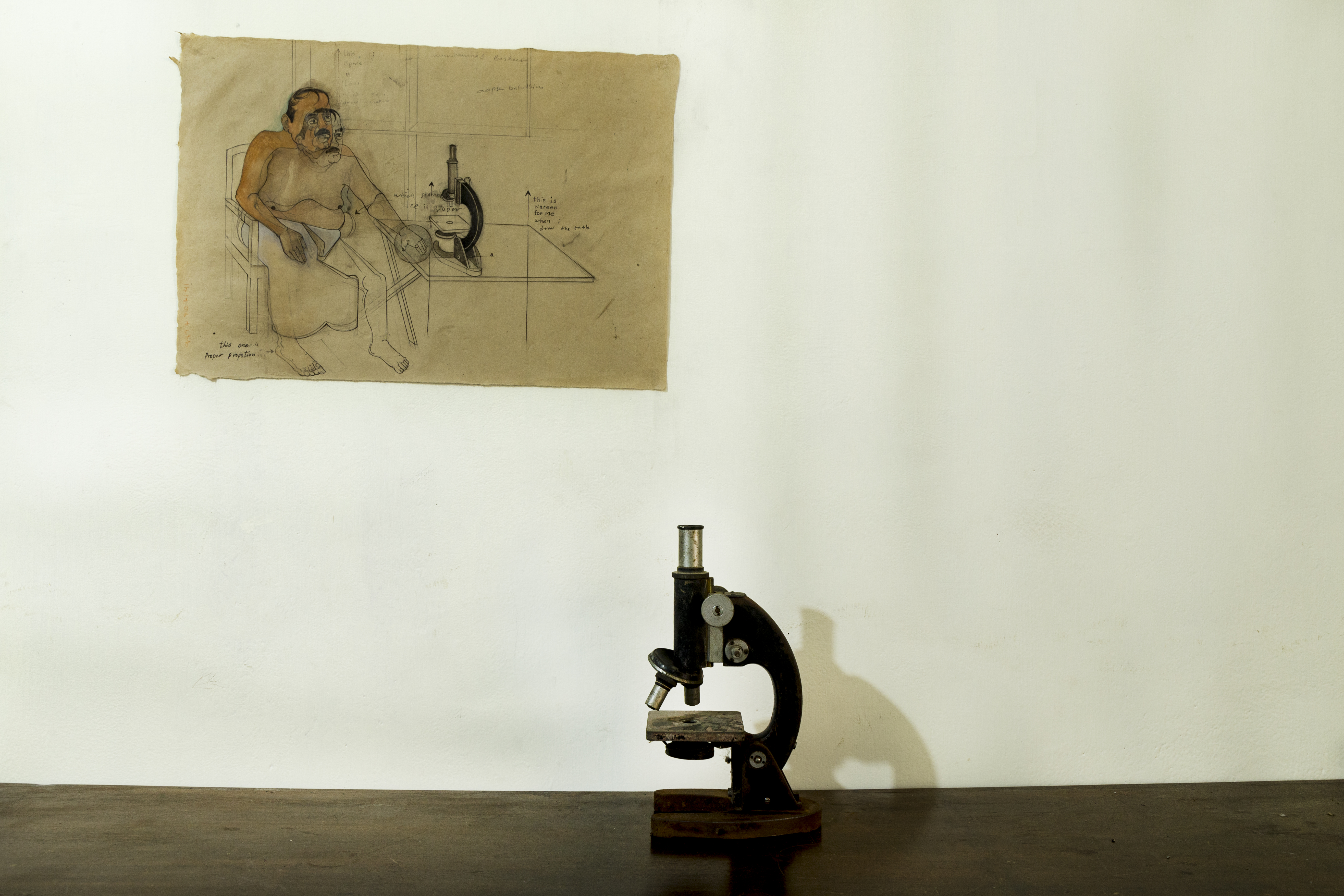 Display of man with microscope