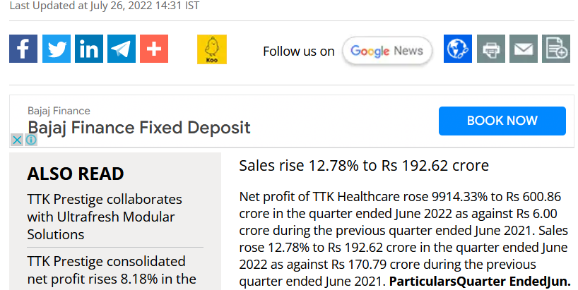 TTK Healthcare standalone net profit rises 9914.33% in the June 2022 quarter