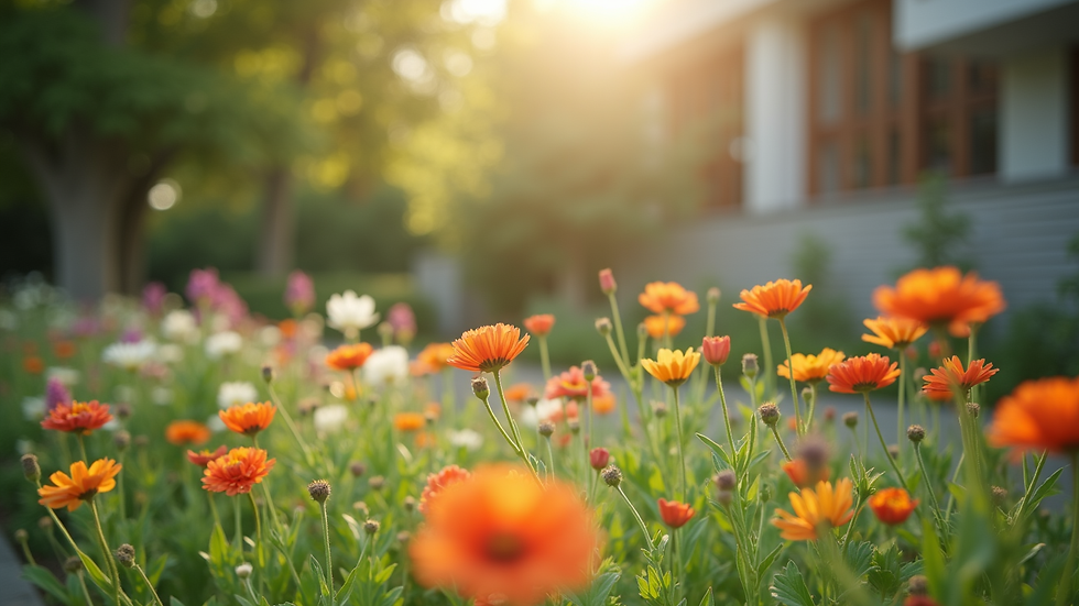 Wide angle view of a peaceful garden with blooming flowers