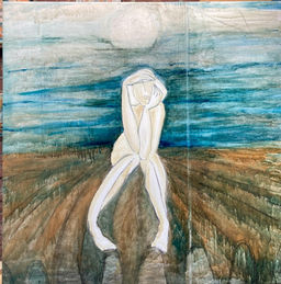 Vrij naar de “ denker van Rodin” voor Foetprint ”aardappelroute”; The fields 120x120 oil on linnen