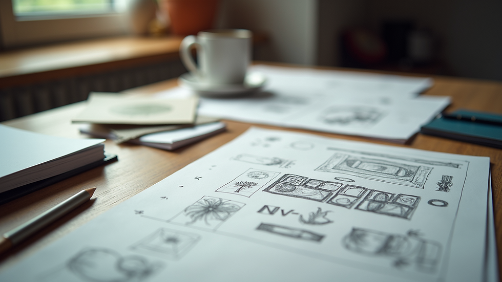 High angle view of a branding workshop with sketches and notes