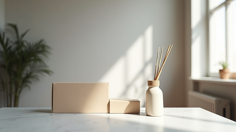 Eye-level view of a minimalist workspace with branding materials
