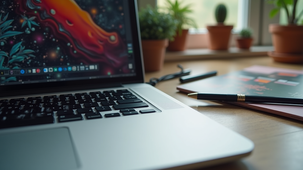 Close-up view of a designer’s workspace with a laptop and creative tools
