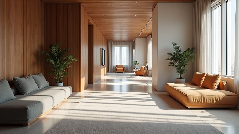 Eye-level view of a modern NYC office lounge with wellness area