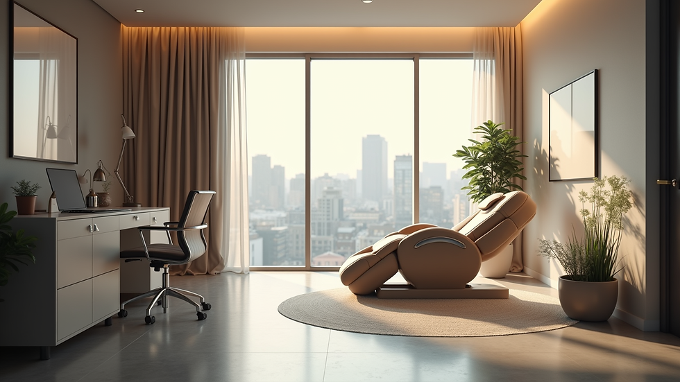 Eye-level view of a modern office space with a massage chair set up