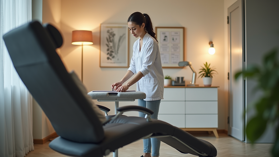 Eye-level view of a modern office chair with a massage therapist preparing equipment