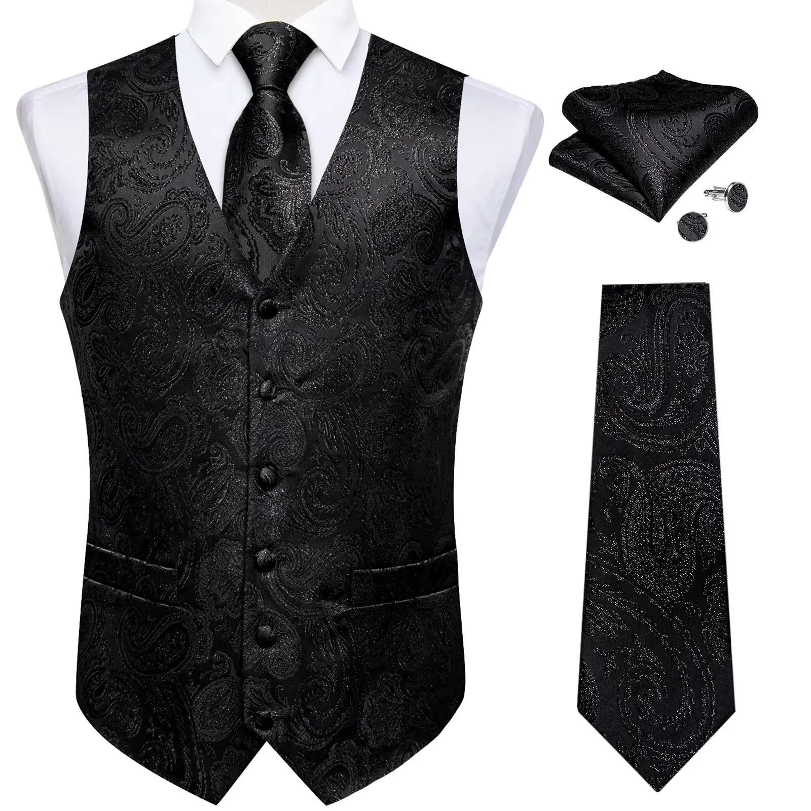 Paisley Men's Suit Vest Black Pink Red Wedding Prom Tuxedo Waistcoat Necktie