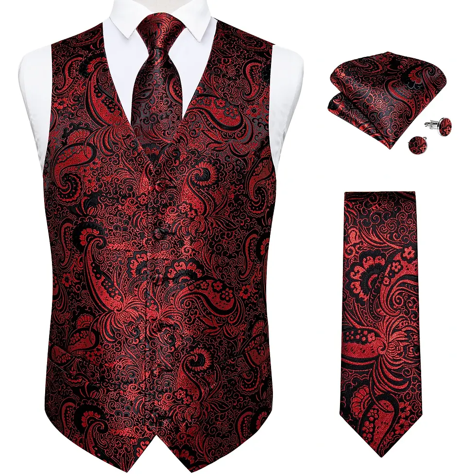 Thumbnail: Paisley Men's Suit Vest Black Pink Red Wedding Prom Tuxedo Waistcoat Necktie
