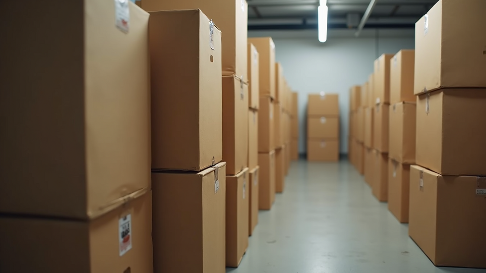 Close-up view of moving boxes stacked neatly in a storage room