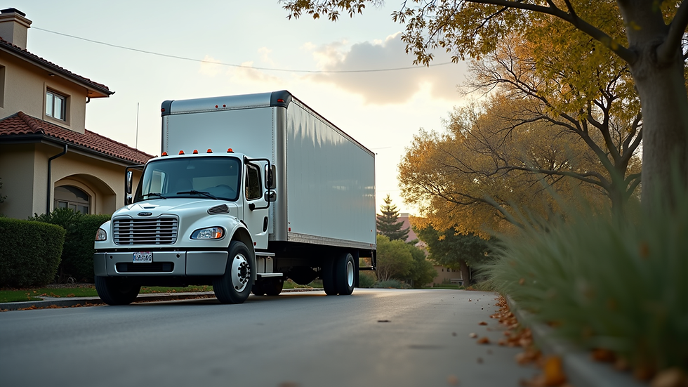 Eye-level view of a moving truck parked outside a residential house