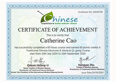 Certificate of Catherine - Traditional Chinese Medicine and Medical Qigong