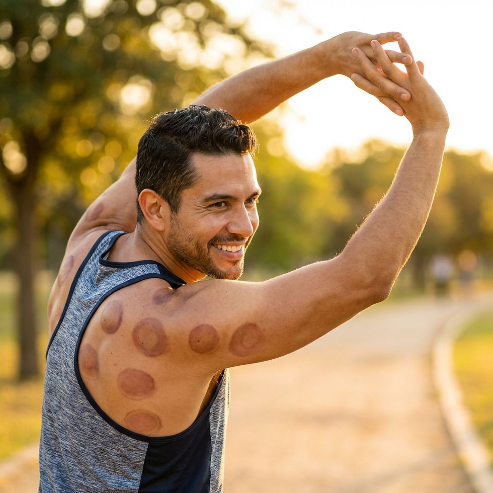 Traditional Chinese Medicine for pain relief and holistic healing, showing a happy man outdoors with cupping marks on his back.