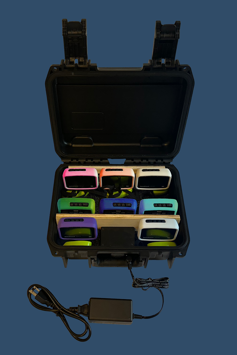 8 speedcoaches plugged in and charging in the case