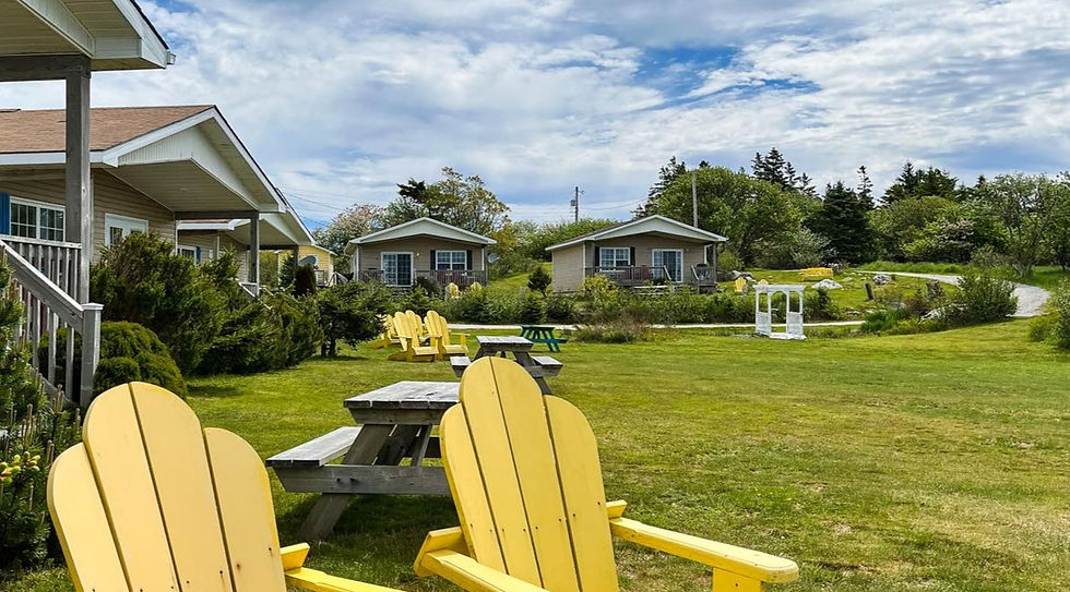 Yellow chairs and picnic tables on a green lawn with cottages in the background under a partly cloudy sky, creating a serene outdoor setting.