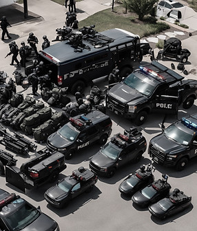 A squad of police vehicles, tactical gear, and police equipment all prepped for a active s