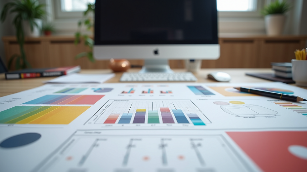 Close-up view of a designer’s desk with sketches and colour swatches for website design