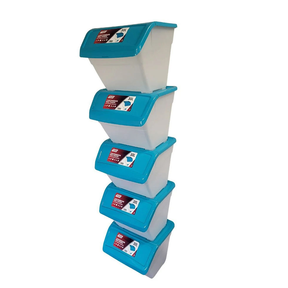 Five stacked plastic storage bins with teal lids