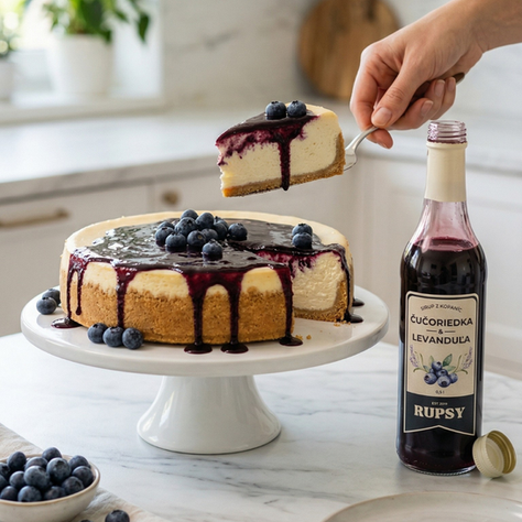RECEPT NA ČUČORIEDKOVÝ CHEESECAKE BEZ PEČENIA s čučoriedkovým sirupom RUPSY