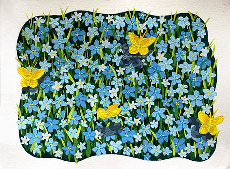 Origional acrylic guache painting on paper, featuring yellow butterflys in a blue flower meadow