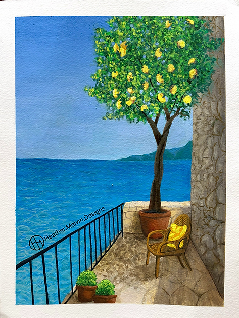 Origional acrylic guache painting on paper, featuring a mediterranean terrace with a chair and lemon tree overlooking the sea